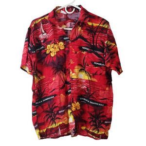 Palmeras Men's Hawaiian Shirt Red Size Large Tropical Beach Sunset
